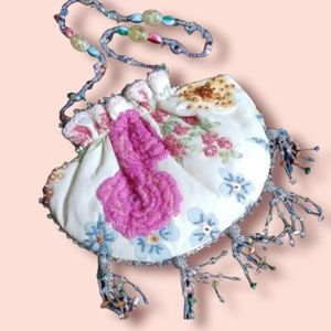 Mary Francis Designer Pink Floral Kiss Lock Beaded Fringe Handbag